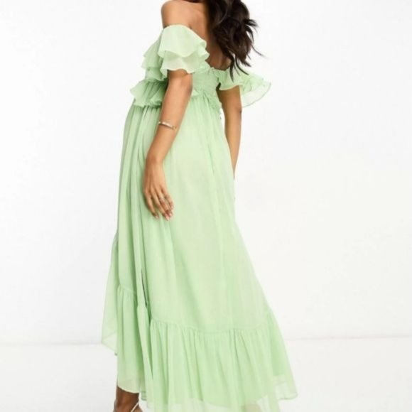 ASOS Maternity Off-the-Shoulder, Ruffled High-Low Dress in Light Green, Size 10 - Picture 3 of 16